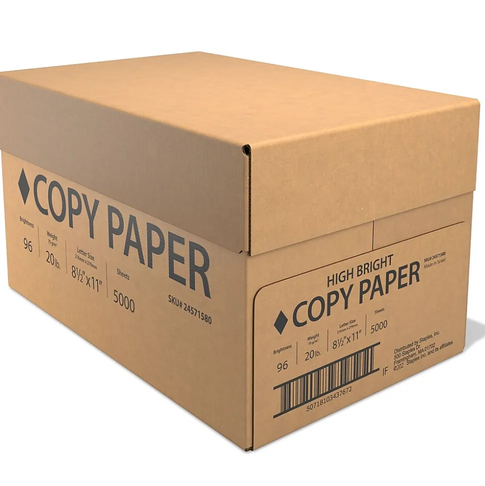 8.5" x 11" Copy Paper, 20 lbs., White, 5000 Sheets/Carton (61980CT)