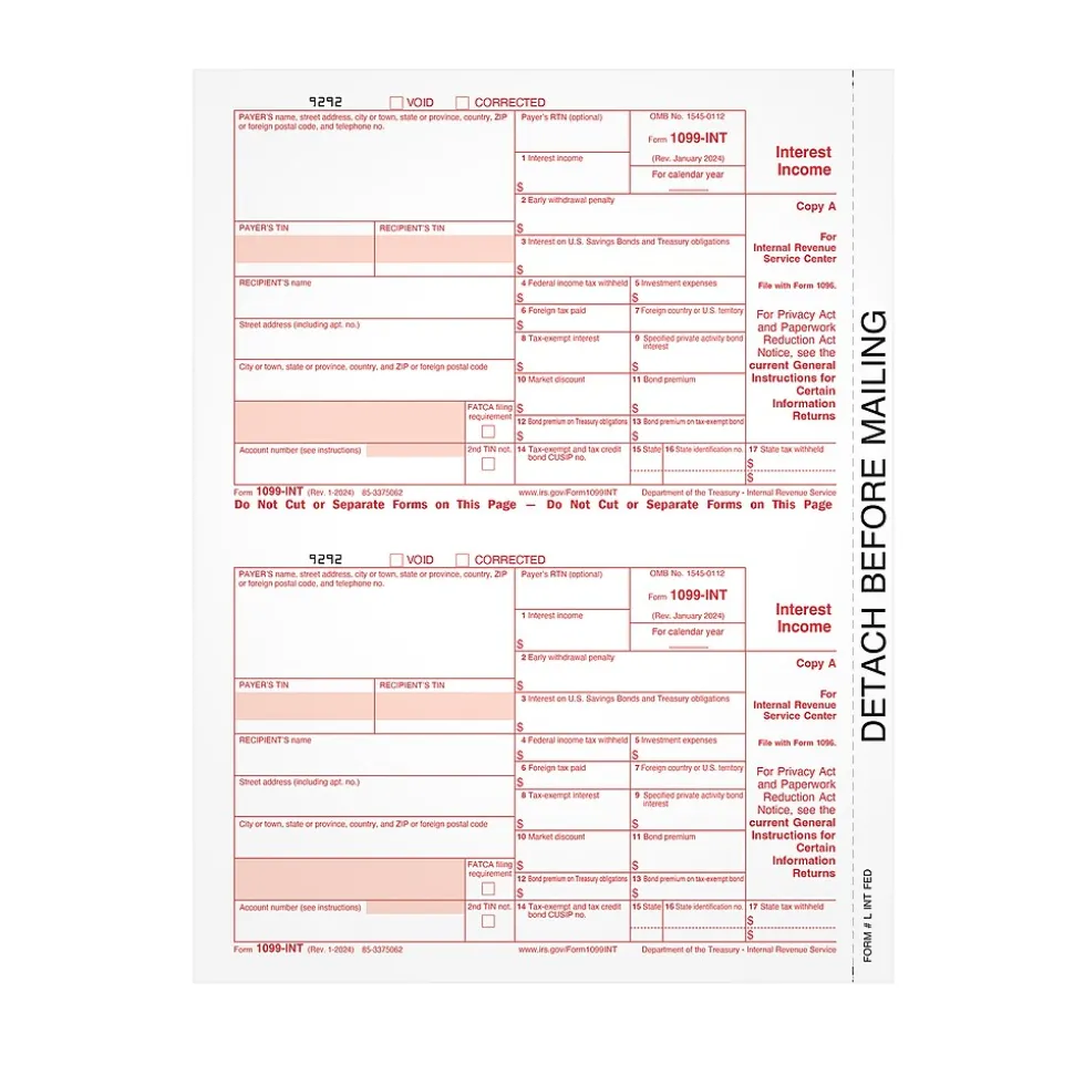 Adams 2024 1099-INT Tax Form, Federal Copy A, 50/Pack (LINTFED-S)