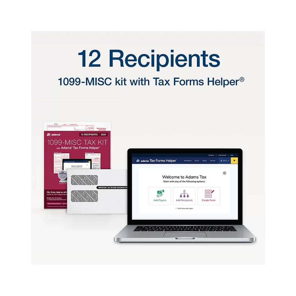 Adams 2024 1099-MISC Tax Form with Self-Seal Envelopes and Adams Tax Forms Helper, 4-Part, 2-Up, Copy A, 1, B, 2, 12/Pack