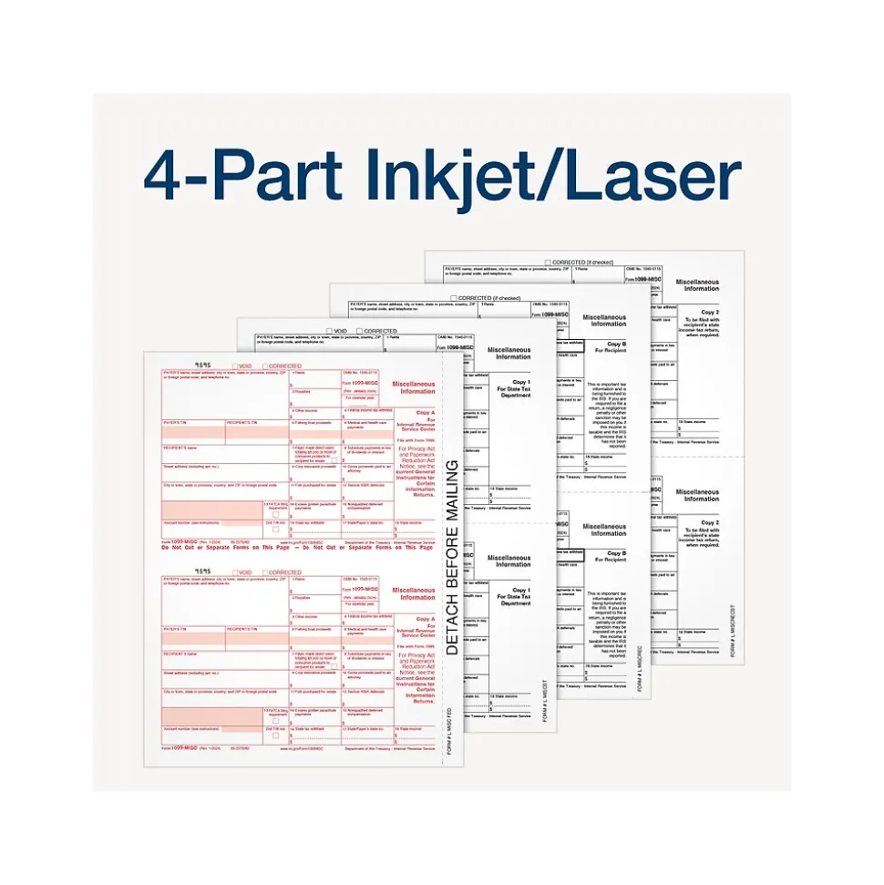 Adams 2024 1099-MISC Tax Form with Self-Seal Envelopes and Adams Tax Forms Helper, 4-Part, 2-Up, Copy A, 1, B, 2, 12/Pack