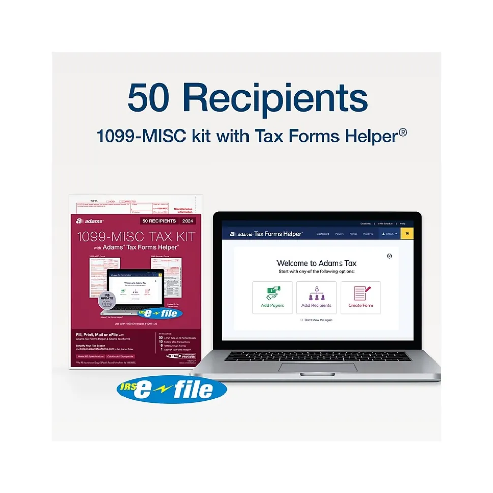 Adams 2024 1099-MISC Tax Form with e-files and Access to Adams Tax Forms Helper, 4-Part, 2-Up, Copy A, 1, B, 2, 50/Pack