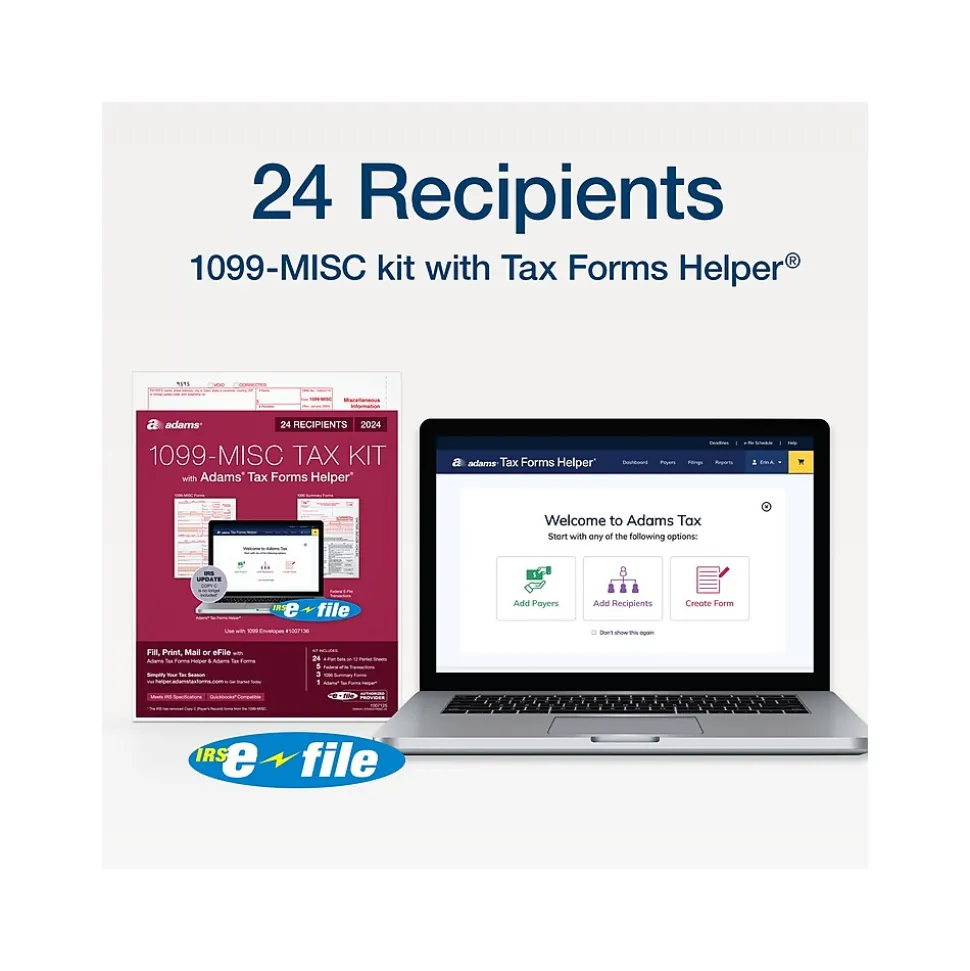 Adams 2024 1099-MISC Tax Form with e-files and Access to Adams Tax Forms Helper, 4-Part, 2-Up, Copy A, 1, B, 2, 24/Pack
