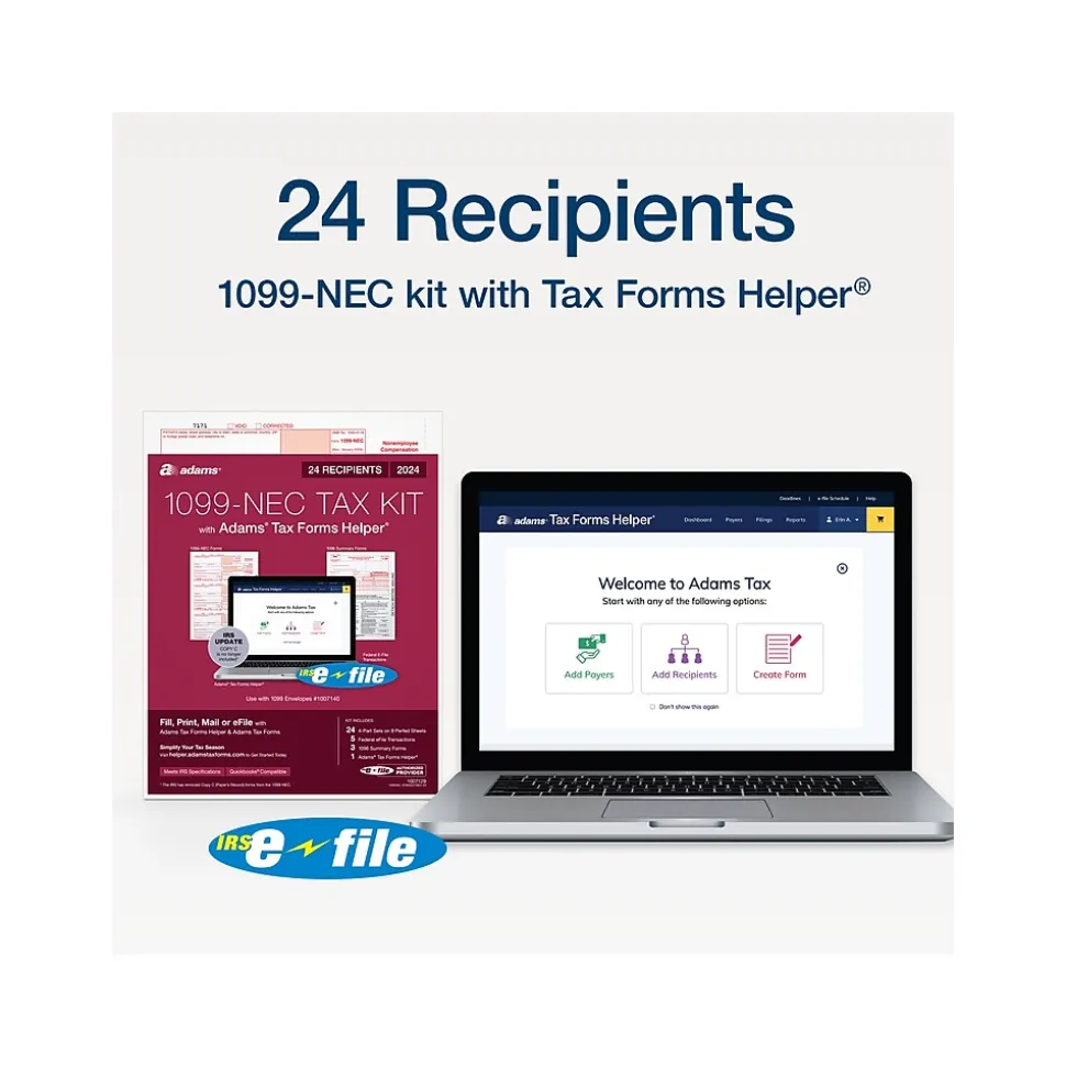 Adams 2024 1099-NEC Tax Form with e-files and Access to Adams Tax Forms Helper, 4-Part, 3-Up, Copy A, 1, B, 2, 24/Pack