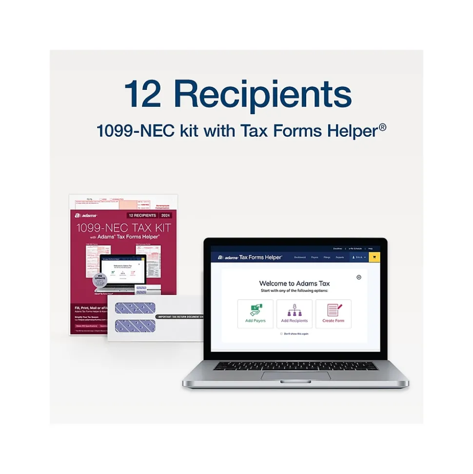 Adams 2024 1099-NEC Tax Form with Self-Seal Envelope, 4-Part, 3-Up, Copy A, 1, B, 2, 12/Pack (STAX512NEC-24)