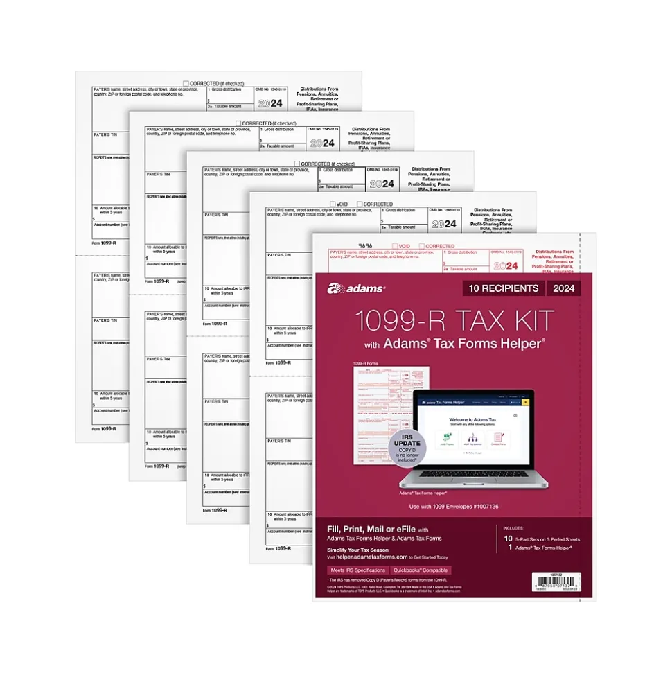 Adams 2024 1099-R Tax Form with Access to Adams Tax Forms Helper, 5-Part, 2-Up, Copy A, 1, B, 2, 10/Pack (STAX5R-24)