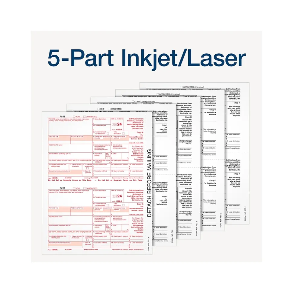 Adams 2024 1099-R Tax Form with Access to Adams Tax Forms Helper, 5-Part, 2-Up, Copy A, 1, B, 2, 10/Pack (STAX5R-24)