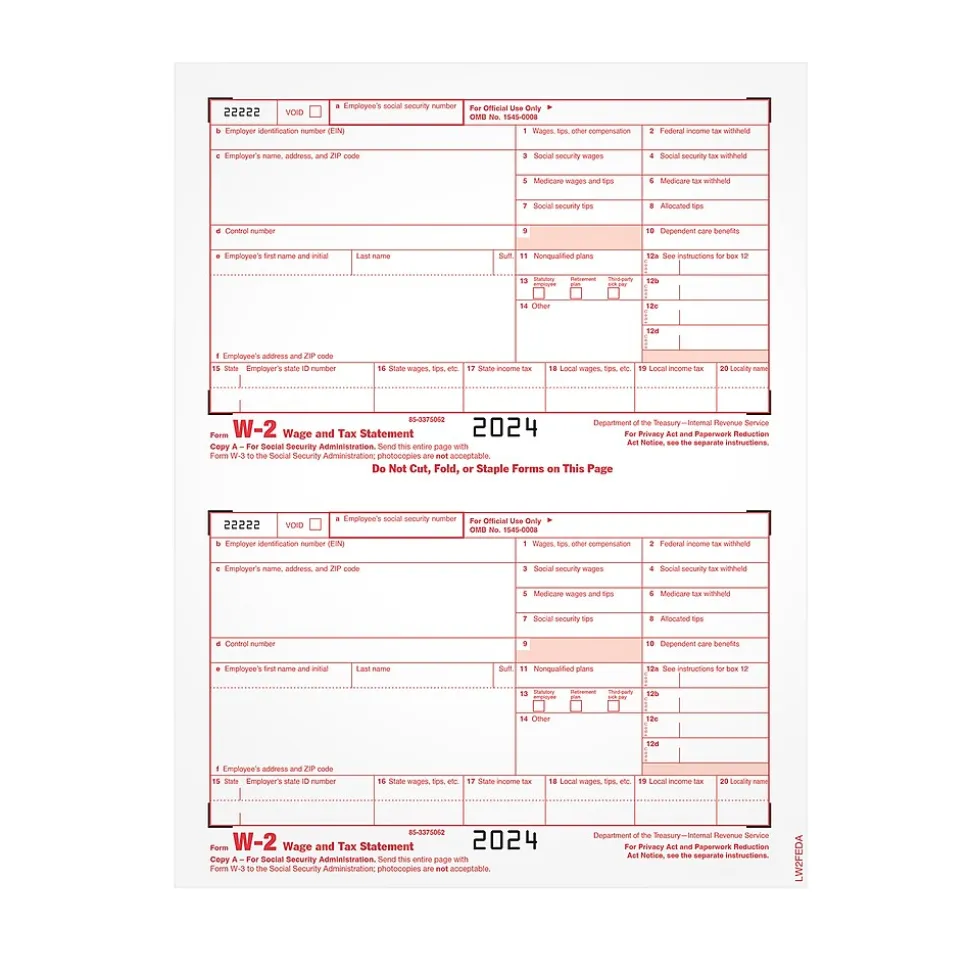 Adams 2024 W-2 1-Part Copy A Laser/Inkject Tax Forms, 100/pack (LW2FEDAW3)