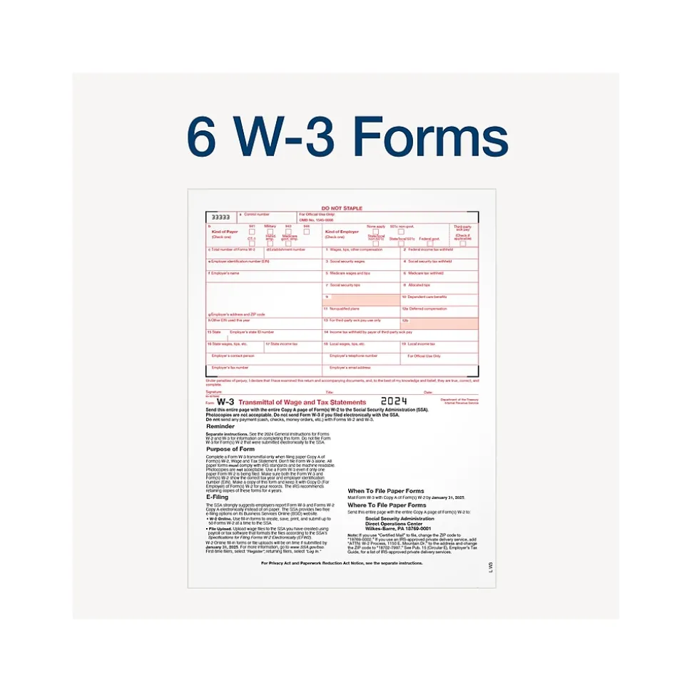 Adams 2024 W-2 Tax Form with W-3 Forms and Access to Tax Forms Helper, 6-Part, 2-Up, Copy A, 1, B, C, 2, D, 50/Pack