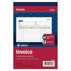 Adams 3-Part Carbonless Invoices, 8.44"W x 5.56"L, 50 Sets/Book (TC5840)
