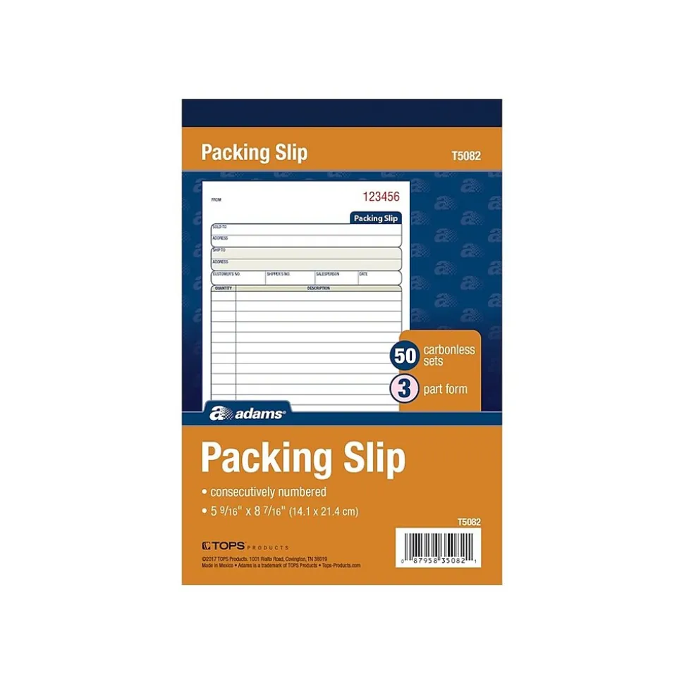 Adams 3-Part Carbonless Packing Slips, 7.94"L x 5.56"W, 50 Sets/Book (T5082)
