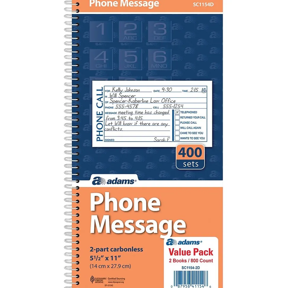 Adams Phone Message Pad, 5.5" x 11", White, 100 Sheets/Pad, 2 Pads/Pack (SC1154-2D)
