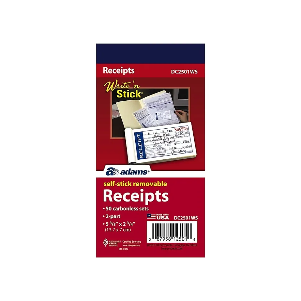 Adams Write 'N Stick Receipt Book, 2.75" x 5.38", White, 50/Pack (ABF DC2501WS)