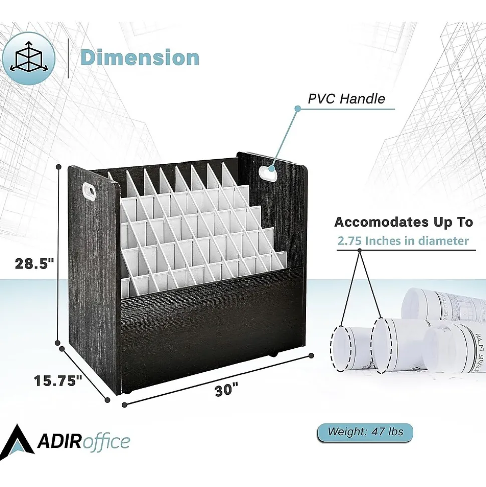 AdirOffice 50-Slot Mobile Roll File, 28.5"H x 30"W x 15.75"D, Black (626-BLK-2PK)