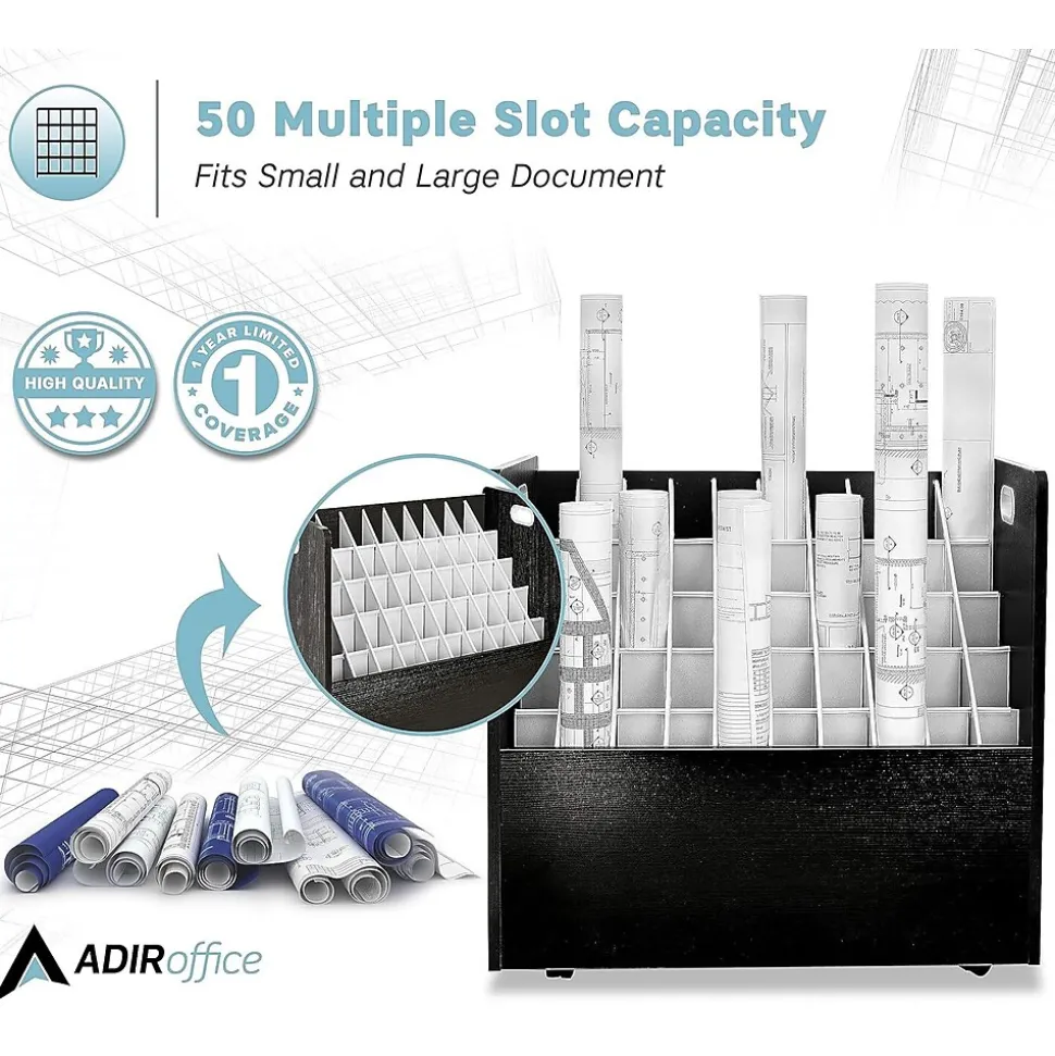 AdirOffice 50-Slot Mobile Roll File, 28.5"H x 30"W x 15.75"D, Black (626-BLK-2PK)