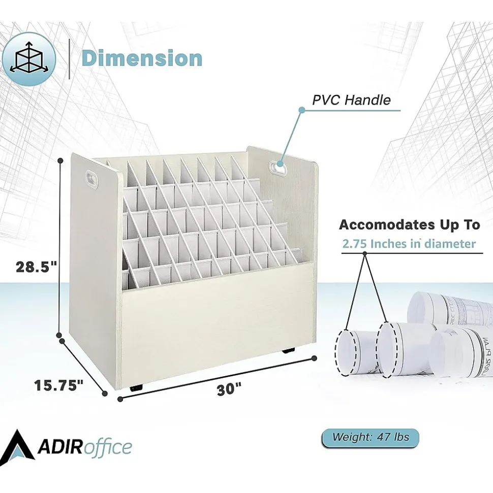 AdirOffice 50-Slot Mobile Roll File, Lockable, 28.5"H x 30"W x 15.75"D, White (626-WHI-KIT1)
