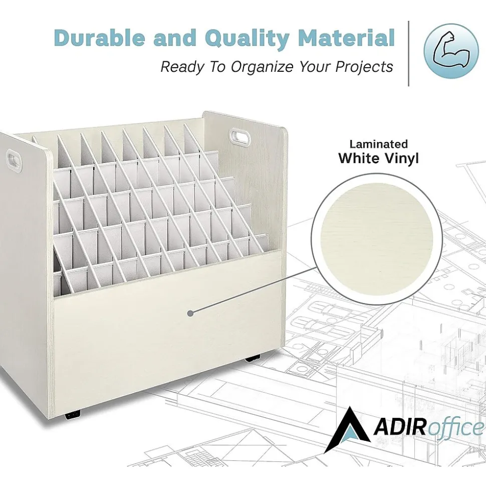 AdirOffice 50-Slot Mobile Roll File, Lockable, 28.5"H x 30"W x 15.75"D, White (626-WHI-KIT1)