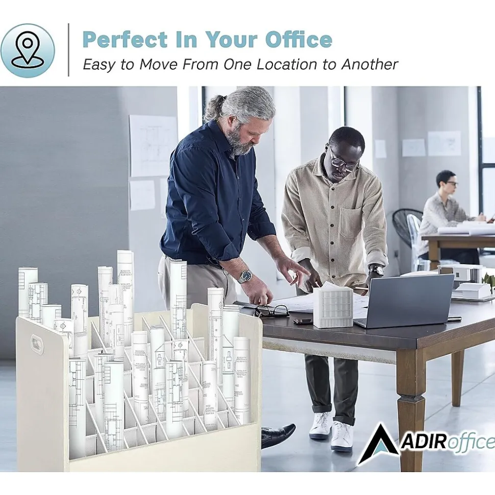 AdirOffice 50-Slot Mobile Roll File, Lockable, 28.5"H x 30"W x 15.75"D, White (626-WHI-KIT1)