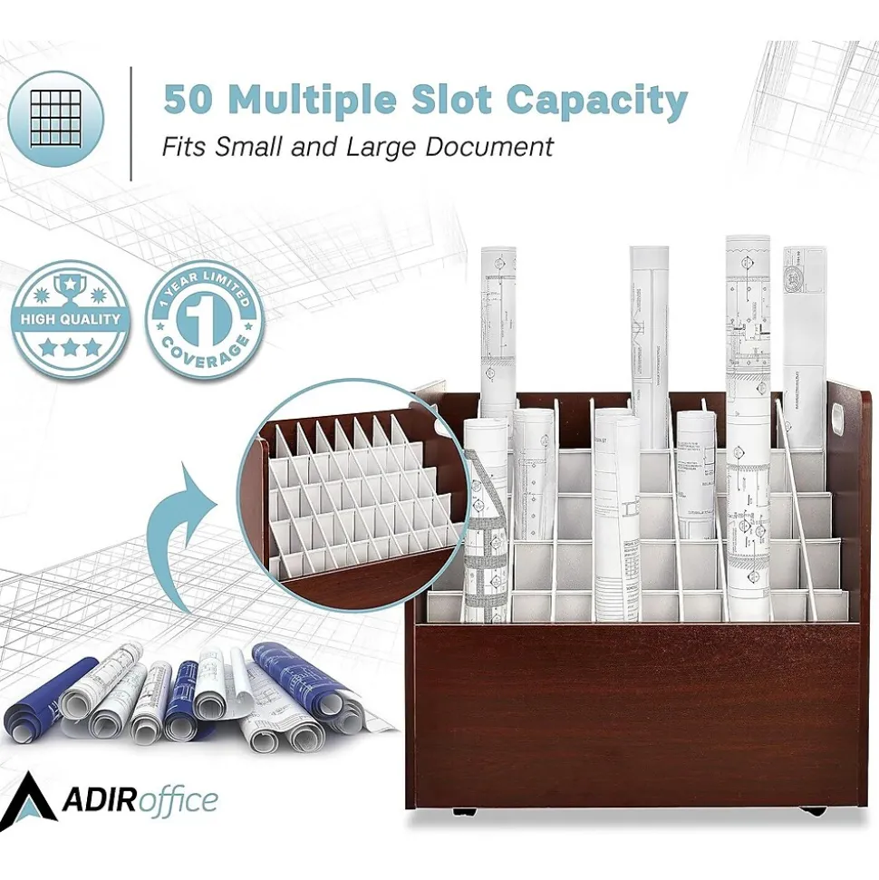 AdirOffice 50-Slot Mobile Roll File, 28.5"H x 30"W x 15.75"D, Mahogany (626-MA-KIT1)