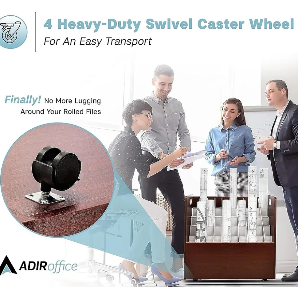 AdirOffice 50-Slot Mobile Roll File, 28.5"H x 30"W x 15.75"D, Mahogany (626-MA-KIT1)