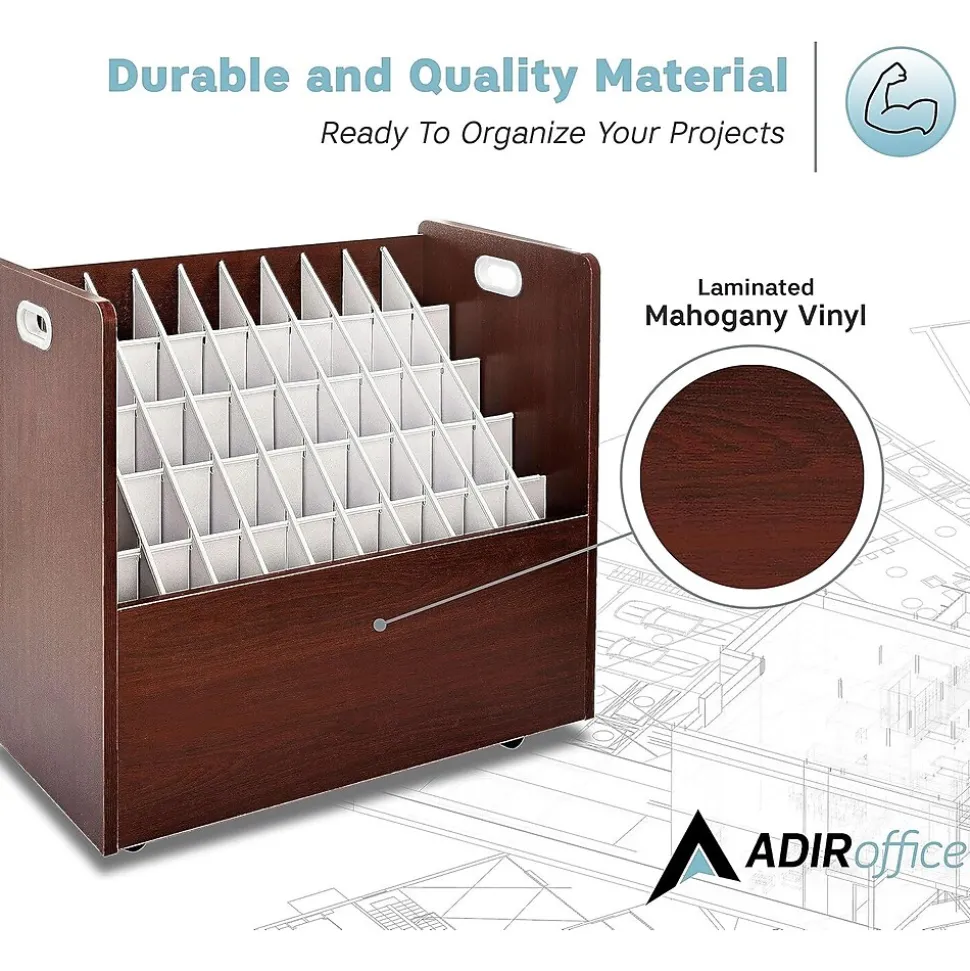 AdirOffice 50-Slot Mobile Roll File, 28.5"H x 30"W x 15.75"D, Mahogany (626-MA-KIT1)