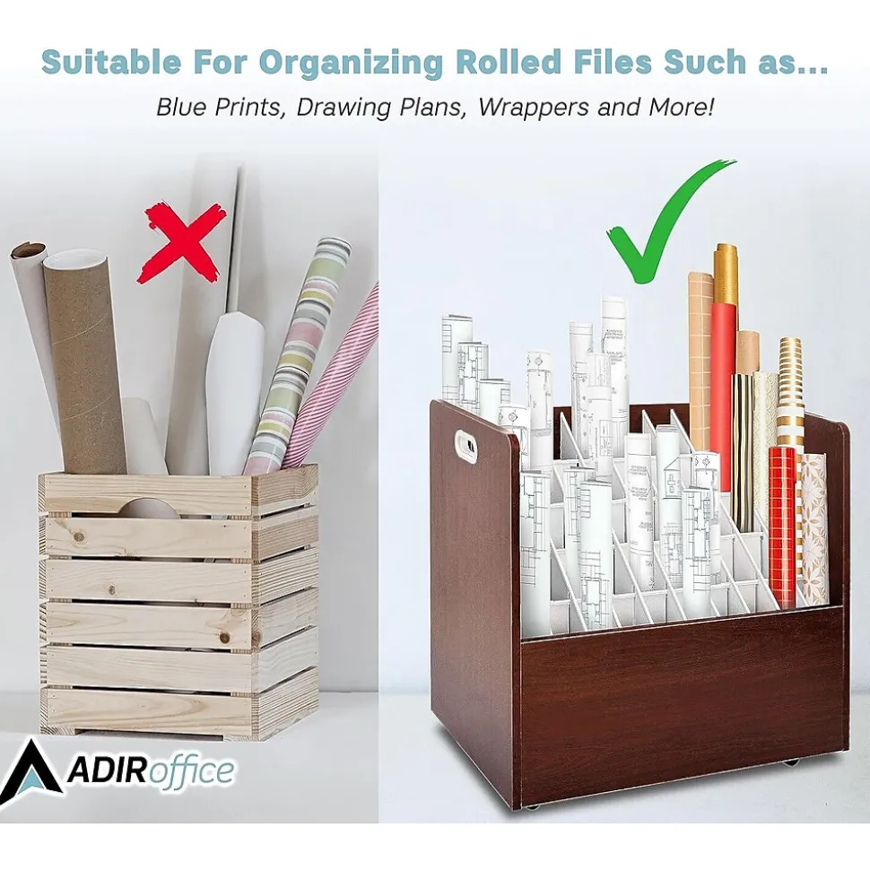 AdirOffice 50-Slot Mobile Roll File, 28.5"H x 30"W x 15.75"D, Mahogany (626-MA-KIT1)