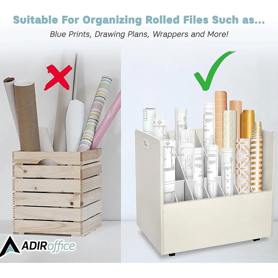 AdirOffice 21-Slot Mobile Roll File, Lockable, 28.5"H x 30"W x 15.75"D, White (625-WHI-KIT1)