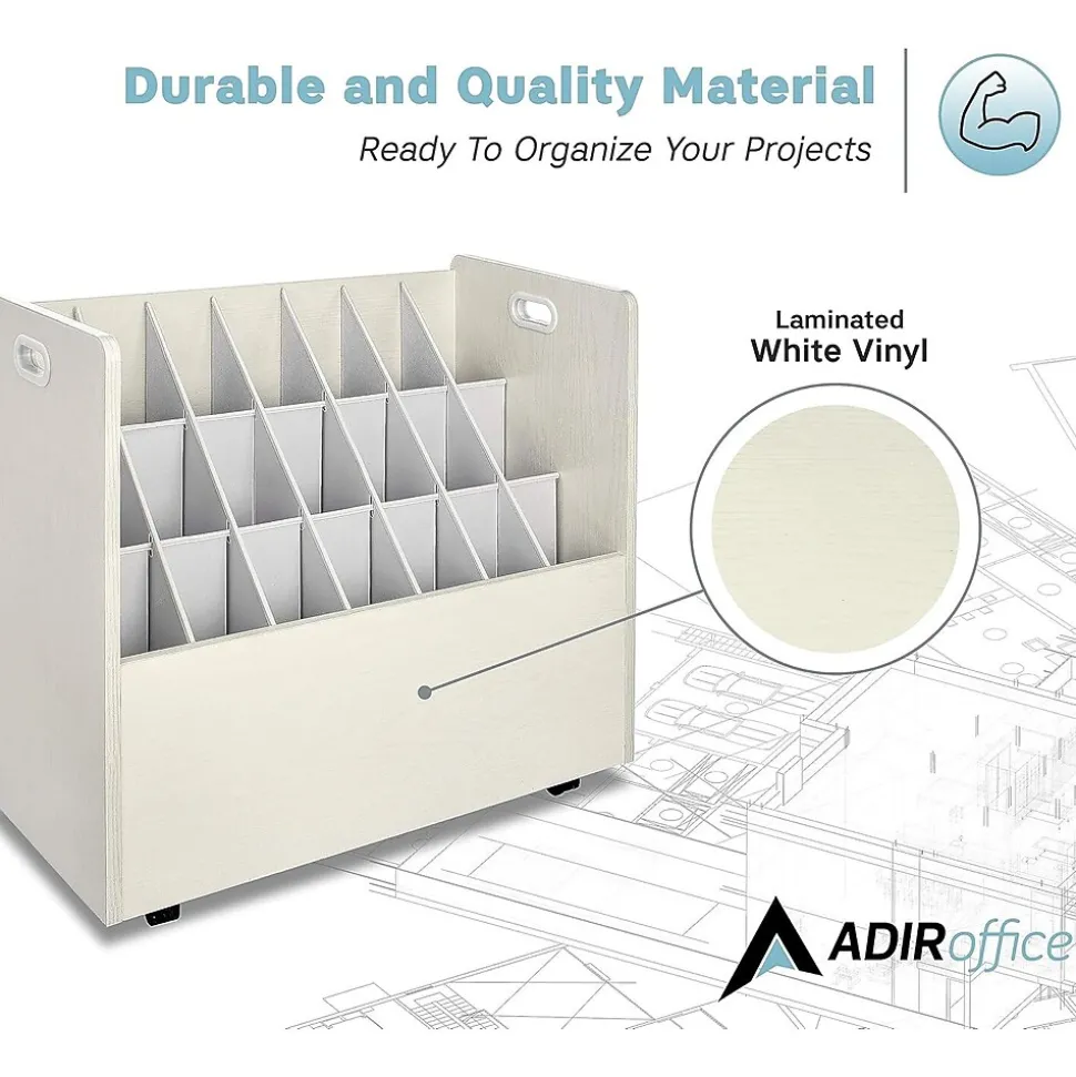 AdirOffice 21-Slot Mobile Roll File, Lockable, 28.5"H x 30"W x 15.75"D, White (625-WHI-KIT1)