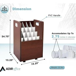 AdirOffice 20-Slot Mobile Roll File, Lockable, 24.75"H x 15.25"W x 13.25"D, Mahogany (624-MA-KIT1)
