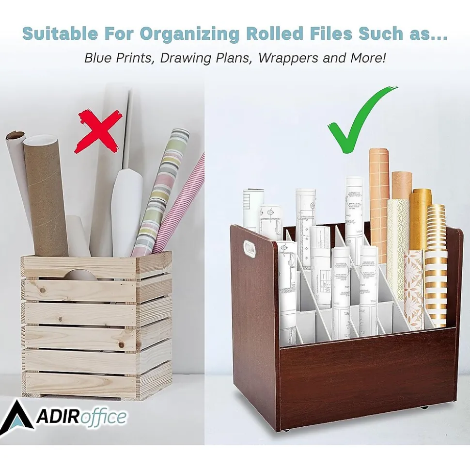 AdirOffice 21-Slot Roll File, Lockable, 28.5"H x 30"W x 15.75"D, Mahogany (625-MA-KIT1)