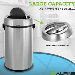 Alpine Industries Commercial Trash Can with Swing Lid, Stainless Steel, 17 Gallon (470-65L-1)