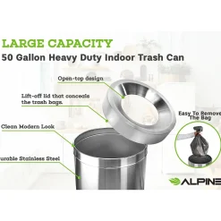 Alpine Industries Commercial Indoor Trash Can, 50 Gallon, Stainless Steel (475-50)