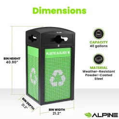 Alpine Industries GS Series Steel Trash Can & Recycling Bin Combo, 40 Gallon, Green (ALP471-40-GS-M)