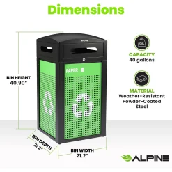 Alpine Industries GS Series Steel Recycling Bin, 40 Gallon, Green (ALP471-40-GS-S)