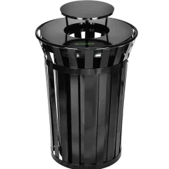 Alpine Industries Metal Slatted Outdoor Commercial Trash Can with Rain Bonnet Lid and Liner, Black, 38 Gal. (479-38-1)