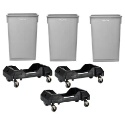 Alpine Industries Polypropylene Commercial Indoor Trash Can with Dolly, 23-Gallon, Gray, 3/Pack (ALP477-GRY-3PKD)