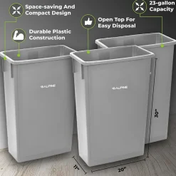 Alpine Industries Polypropylene Commercial Indoor Trash Can with Dolly, 23-Gallon, Gray, 3/Pack (ALP477-GRY-3PKD)