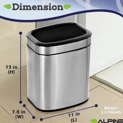Alpine Industries Stainless Steel Indoor Trash Can with Liner, 2.6 Gallon, Silver (470-10L)