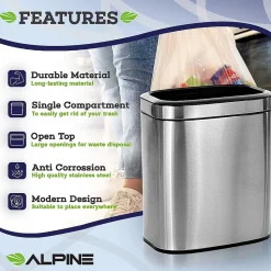 Alpine Industries Stainless Steel Indoor Trash Can, 5.3 Gallon, Silver, 2/Pack (470-20L-2PK)