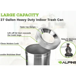 Alpine Industries Stainless Steel Trash Can with Open Lid, 27-Gallon, 2/Pack (ALP475-27-2PK)