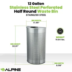 Alpine Industries Stainless Steel Perforated Half Round Trash Can, 12 Gallon, (ALP438-12HR-SS)