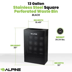 Alpine Industries Stainless Steel Trash Can, 13 Gallon, Black (ALP438-13-BLK)