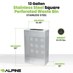 Alpine Industries Stainless Steel Trash Can, 13 Gallon, Silver (ALP438-13-SS)