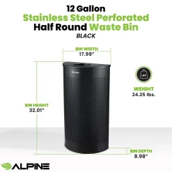 Alpine Industries Stainless Steel Trash Can, 12 Gallon, Black (ALP438-12HR-BLK)