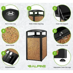 Alpine Industries Steel Outdoor Trash Can with Covered Top and Open Sides, 40-Gallon, Black/Stone, 2/Pack (ALP472-40-STO-2PK)