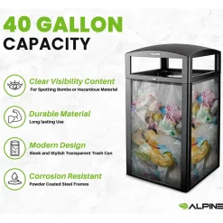 Alpine Industries Steel/PC Outdoor Trash Can with Dome Lid, 40 Gallon, Clear (471-40-CLR)