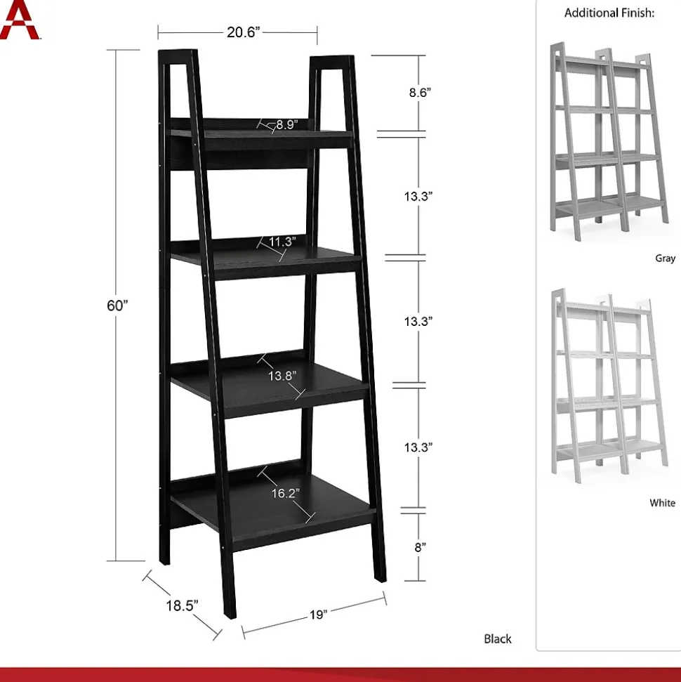 Ameriwood Home Lawrence 60"H 4-Shelf Ladder Bookcase Bundle, Black (9482096)