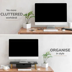 Anji Mountain Mango Wood & Metal Monitor Stand with Two USB Ports and Drawer, Black and Gold (MS-BLK-06GLD-PD)