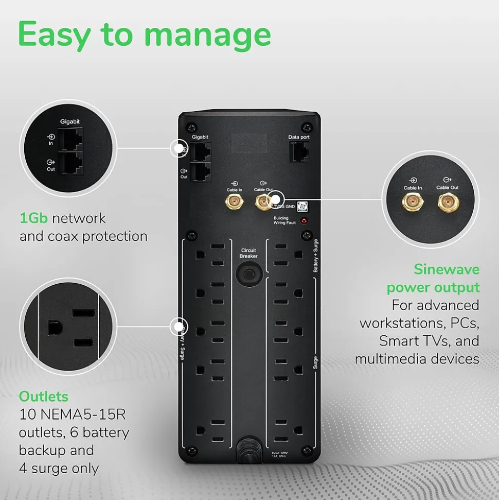 APC Back-UPS Pro 1500VA Battery Backup and Surge Protector, 10-Outlets, Black (BR1500MS2)