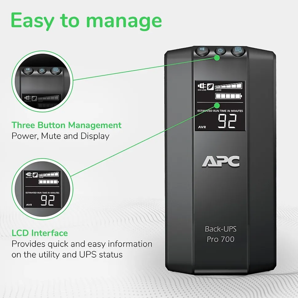 APC Power-Saving Back-UPS Pro 700VA Battery Backup , 6-Outlets, Black (BR700G)