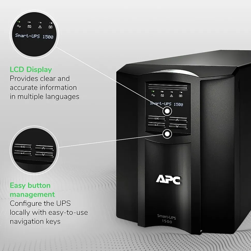 APC Smart-UPS, Line Interactive, 1500VA, Tower, 120V, 8x NEMA 5-15R outlets, SmartConnect Port+SmartSlot, AVR, LCD (SMT1500C)